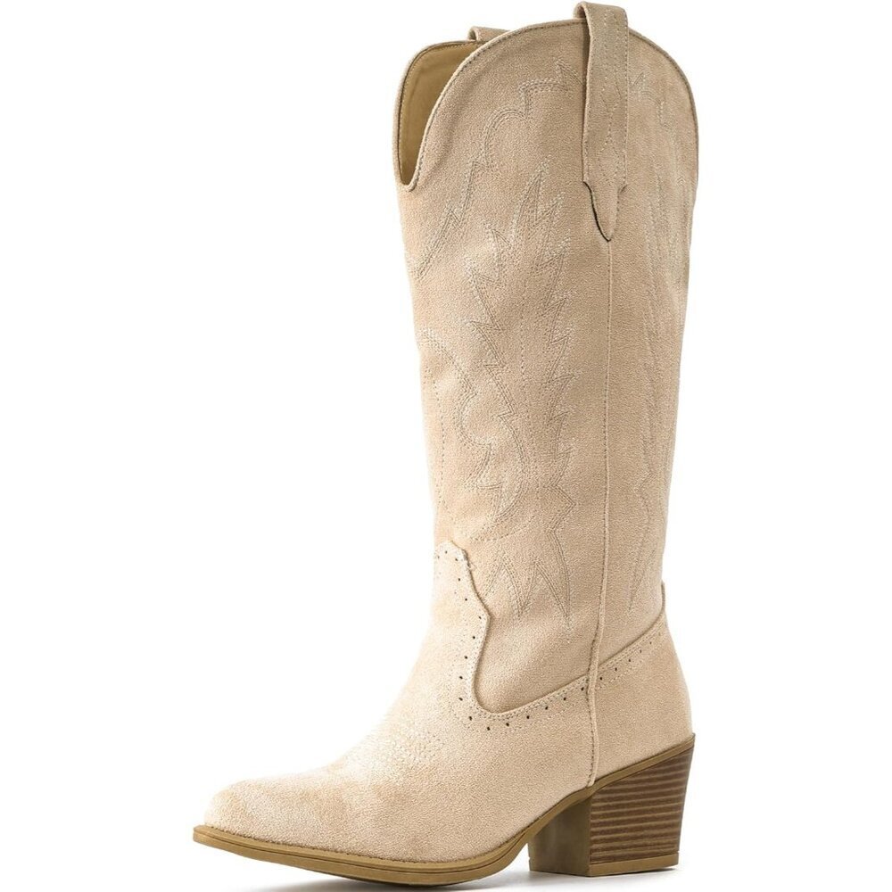 Women Camel Chunky Heel Pointed Toe Cowgirl Mid Calf Embroidery Western Boots - Picture 4 of 6